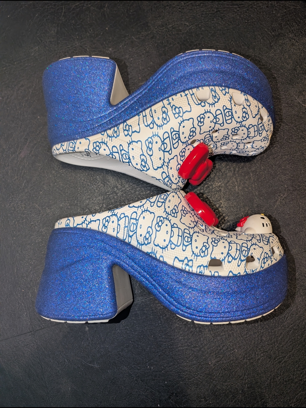 CROCS Blue Glitter Platform Clogs with White Printed Upper and Red Buckles - Picture 1 of 6